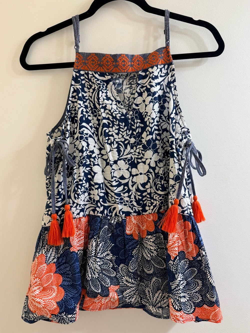THML Navy Blue White and Orange Floral Halter Tank Top - Picture 4 of 12
